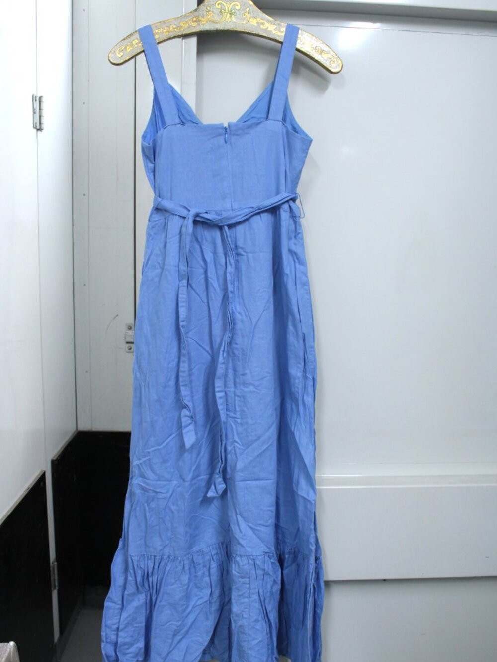 J Crew Factory Tiered Linen Cotton Sleeveless Maxi Dress Blue Belted sz 00 - Picture 3 of 10